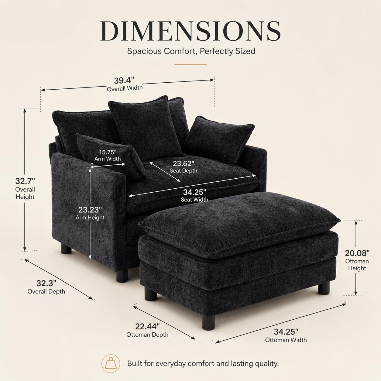 39.4" Modern Accent Chair with Ottoman, Living Room Club Chair Chenille Upholstered Armchair, Reading Chair for Bedroom (Black) 39.4" Modern Accent Chair with Ottoman, Living Room Club Chair Chenille Upholstered Armchair, Reading Chair for Bedroom (Black)