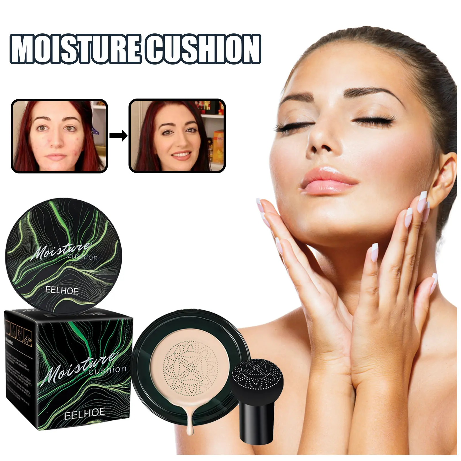 Mushroom Head Applicator Air Cushion CC Cream - Skin-Focused, Super Glowy Concealer & Foundation with Moisture, Collagen Infusion, Acne-Friendly Formula for Oily Skin, Lightweight Full Coverage, Natural Brightening, Blemishes Treatment, Flawless Base, Fou