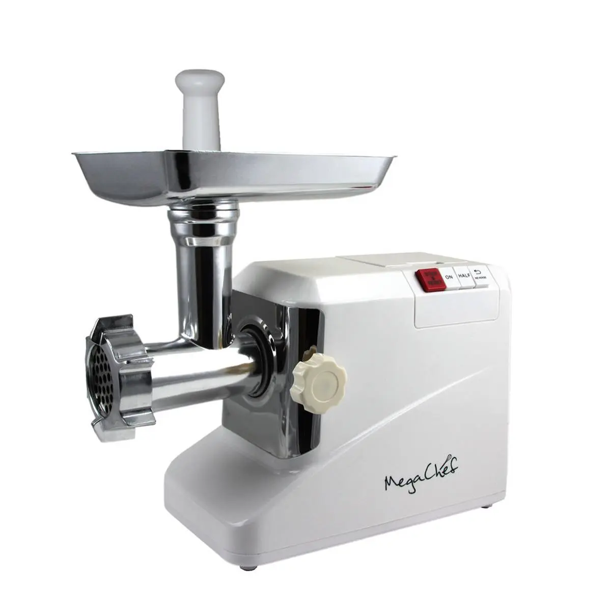 MegaChef MG-750 1800W High-Quality Automatic Household Meat Grinder for Household Use - 1 Food Pusher, 3 Grinding Blades, 12 lbs Capacity, Cord Storage Back Panel, Forward and Reverse Motor, 18.50" x 8.30" x 11.10" Dimensions