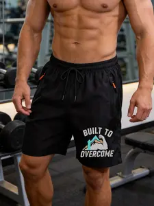 Men's Fitness Shorts with Motivational Print, Elastic Drawstring Waist, Lightweight, Street Style, Loose Fit, All Seasons