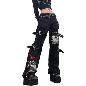 Women Y2k Pants Goth Punk Emo Pants Baggy Bell Bottom Jeans Y2k Wide Leg Jeans Harajuku Grunge Pants Cargo Pants Hip Hop Clothes