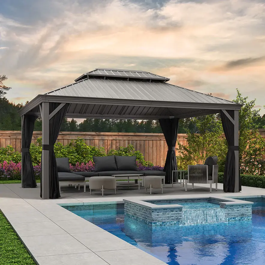 PURPLE LEAF 12'x16' Hardtop Patio Gazebo, Outdoor Shade Canopy, Heavy Duty Aluminum-Frame Canopy with Light Grey Galvanized Steel Structure & Upgrade Curtain for Backyard Oasis