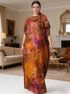 Women's luxurious and colorful floral printed kaftan robe, paired with a scarf of the same color | Satin-textured, flowing, extra-long dress | Loose batwing-sleeve kaftan robe, suitable for dinners, banquets, and casual wear, Casual Boho Bohemian