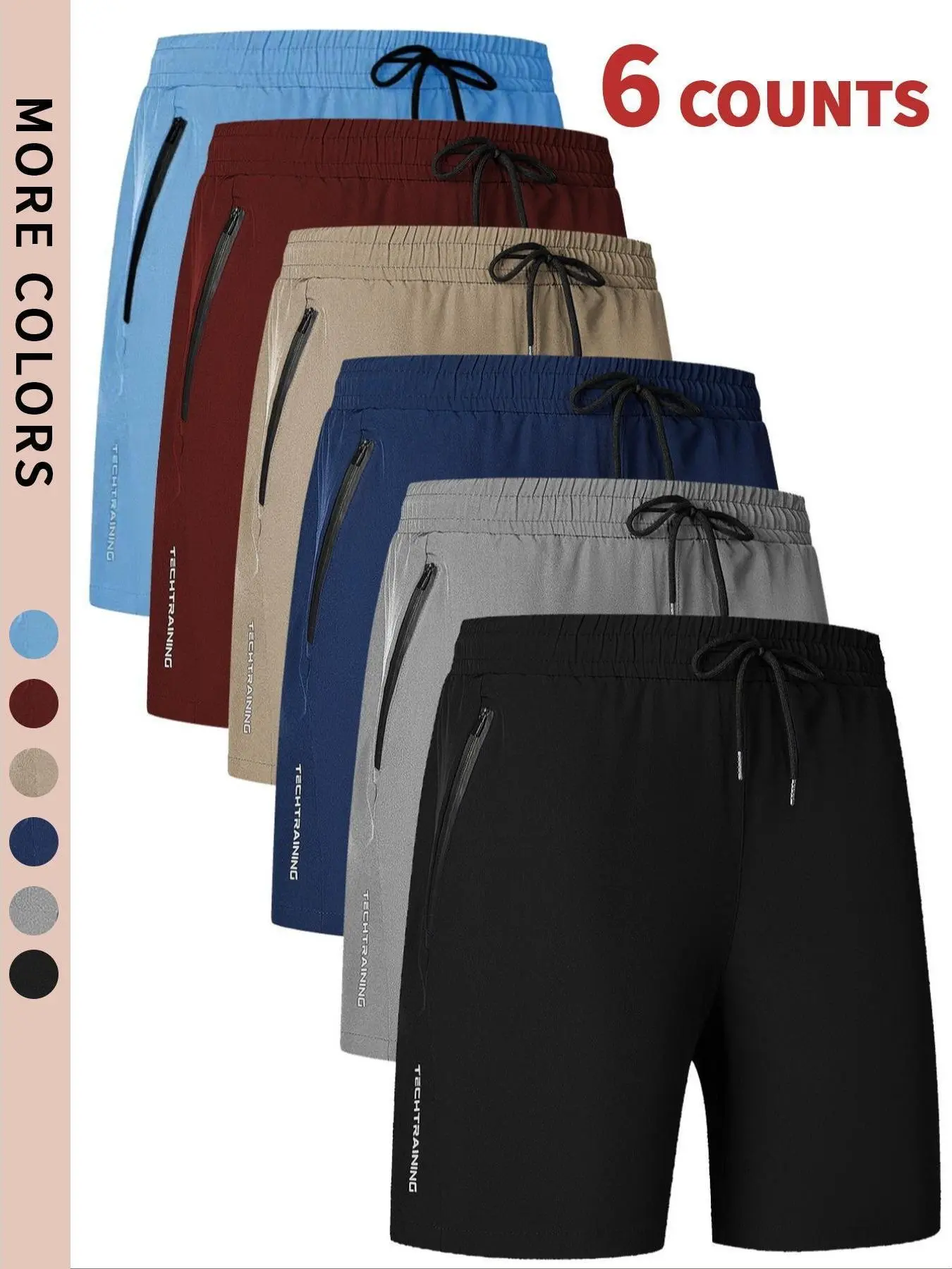 6-Pack Men's Quick Dry Tech Training Shorts | Zipper Pocket Gym & Casual Bottoms Lightweight quick-dry fabric with zipper pockets, elastic drawstring waist, and breathable stretch. Ideal for workouts, running, and daily summer wear.