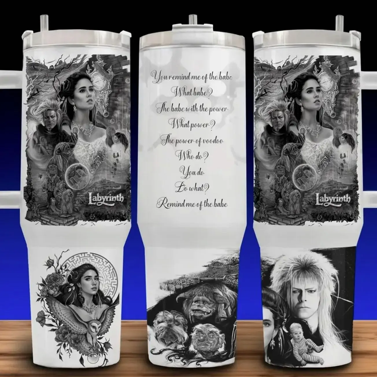 The Labyrinth Inspired 20oz/30oz/40oz Stainless Steel Tumbler – Jareth the Goblin King & Sarah Williams Fantasy Movie Double Wall Vacuum Insulated Travel Mug, Leakproof Fan Gift