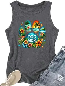 Tropical Beach Paw Print Dog Mom Hibiscus Floral Women Sleeveless Tank Top