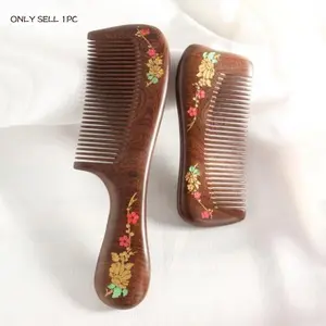 Natural Sandalwood Hair Comb, Fine-Tooth Anti-Static Brush, Vintage Hand-Painted Design, Home Salon Travel Essential, Wooden Comb, 1pc/2pcs