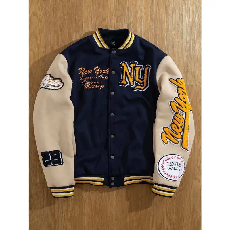 Men's Soft Baseball Collar Varsity Bomber Jacket - 100% Polyester, Long Sleeve Striped Fabric, Letter Patches, Pockets, Lightweight Streetwear Coats for Outdoor Suit & Cargo Style Mensfashion