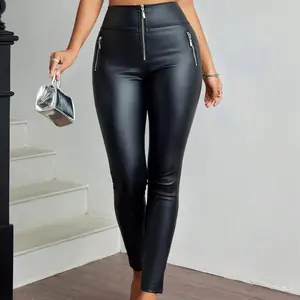 Women’s High-Waist Zip-Up PU Leather Skinny Pants | Tight Stretchy + Punk Aesthetic | Music Festival/Party Must-Have
