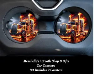 Flaming Semi Truck Themed Car Coasters, 2-Pack Sublimated Print Automotive Interior Decor Accessories, Spill-Proof Cup Holder Protectors for Car Interior Upgrade