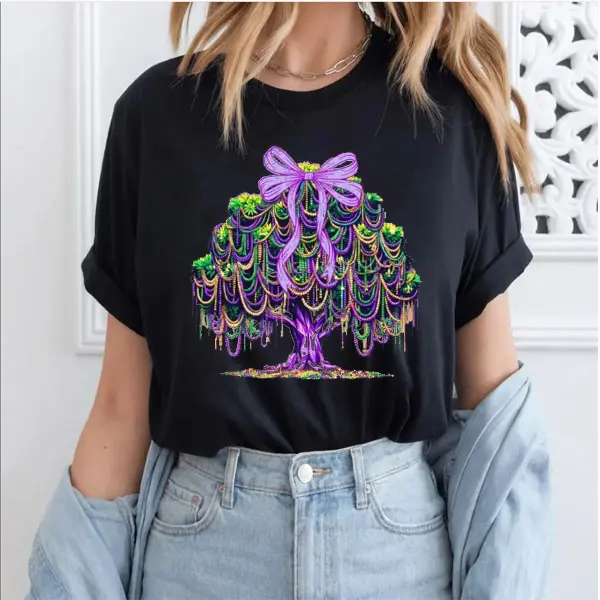 Mardi Gras Tree Beads New Orleans 2026 Festival Unisex T-Shirt Bead Tree, Coquette bow Mardi gras tree, Mardi Gras Carnival, Fat Tuesday, Louisiana Unisex T-Shirt