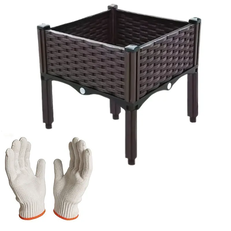 Rectangular Raised Garden Bed Planter Box with Drainage System, 31.5x15.7x15" Rattan Look Plant Growing Container for Outdoor Balcony Vegetables & Flowers