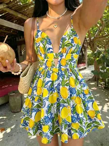 Women's Summer Vacation Multicolor Lemon Print Mini Dress, Boho, Valentine's Day, Summer Clothing, Birthday Dress