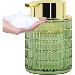 Soap Dispenser, Green Glass Foaming Soap Dispenser, 10 Oz Refillable Hand Soap Dispenser Liquid Lotion Pump Container Ribbed Bottle for Bathroom Countertop Decor
