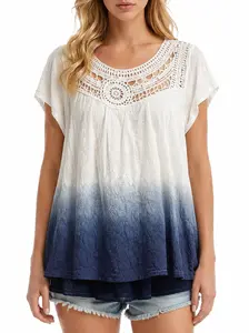 Crochet & Gradient Ombre Tunic – White to Navy Relaxed Fit