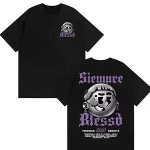 Blessd Siempre Graphic T-Shirt – Black Streetwear Tee with Cartoon Face Logo and Purple Gothic Typography Design
