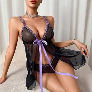 Purple floral trim deep V-neck mesh slip dress, black sheer fabric paired with a soft purple satin ribbon bow.