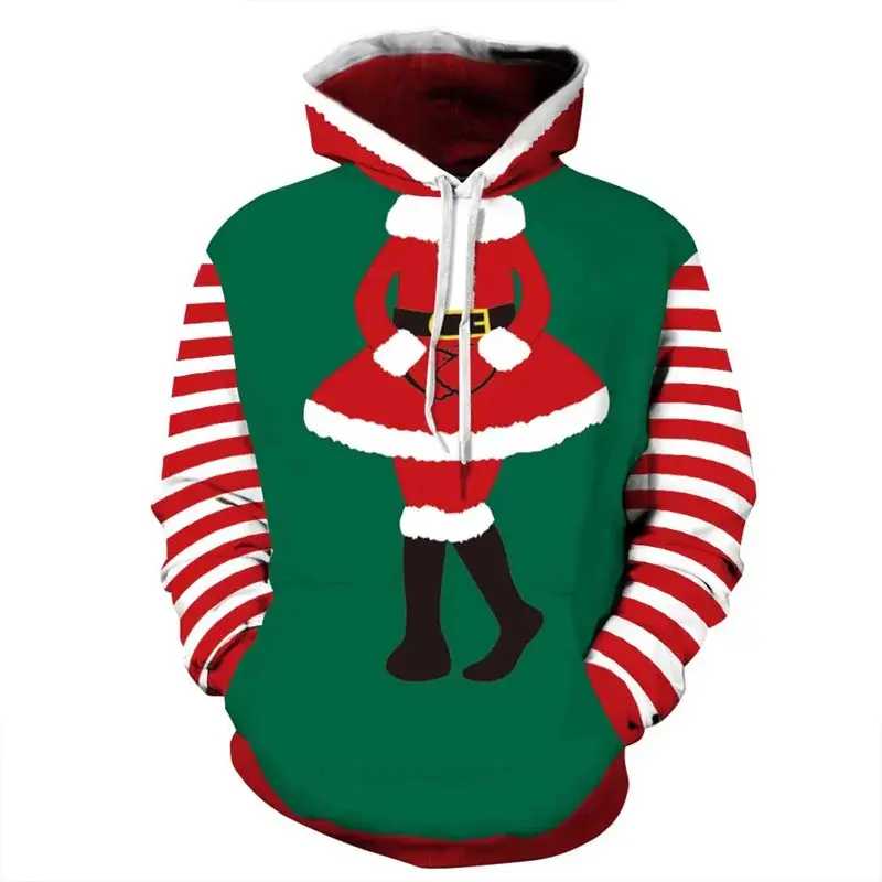 Men's Ugly Christmas Hoodie - Menswear Clothes, Funny Santa 3D Graphic Print, Casual Polyester Pullover Tops with Long Sleeves