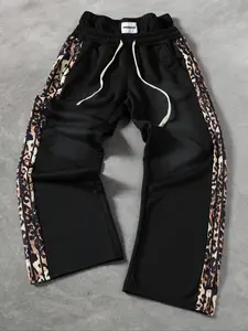 Unisex Comfortable Side Leopard Print Wide Leg Sport Pants, Drawstring Waist, Soft Fabric, Vintage Print, Casual Street Fashion, Athleisure Style Bottoms
