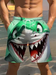 Men's Shark Print Beach Shorts with 3D Design, Lightweight Drawstring Waist for Summer Golf Fishing Basketball Camping Fitness Swimming, Swim Trunks