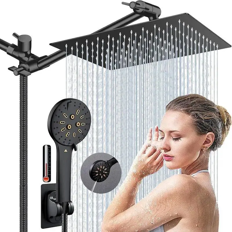 Shower Head, 10'' High Pressure Rainfall Shower Head with 6 Settings Handheld Shower Combo with 11''Extension Arm, Anti-leak Square Rain Shower Head with 78'' Hose/Holder,Summervibes