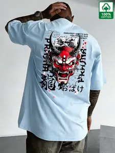 Men's 100% Cotton Summer T-Shirt | Japanese Hannya Oni Demon Samurai Graphic Tee | Casual Breathable Short Sleeve Streetwear Top#MensSummerTee #CottonTShirt #HannyaMaskTee #JapaneseDemonTee
