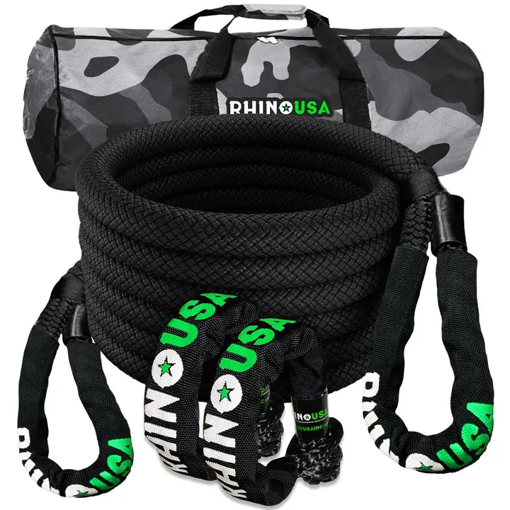 Rhino USA 7/8" x 30' Kinetic Rope Recovery Kit with Soft Shackles and Storage Bag - Heavy Duty Synthetic Fiber - 30,580lbs Breaking Strength