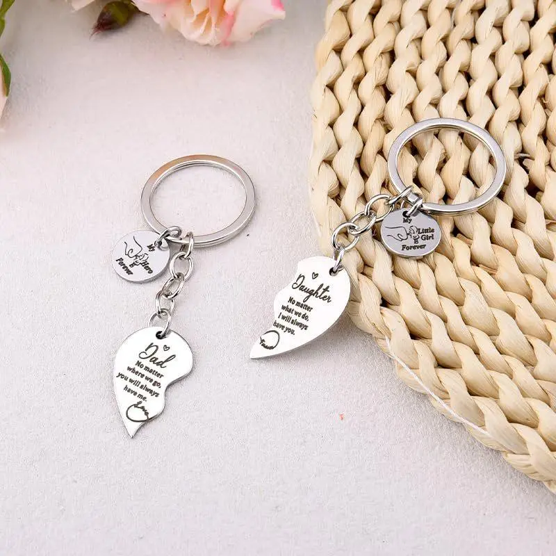 Dad-Daughter Split Heart Keychain, "No Matter Where We Go You'll Always Have Me" Inspirational Lettered Love Keyring, Everyday Dad and Daughter Matching Gift, Dad And Daughter Keychain