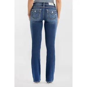 MissMe Caroline Stitched Bootcut Jeans - Mid-Rise 5-Pocket Design with Rhinestone Rivets & Embroidered Border