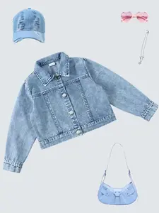Girls' Spring & Fall Denim Jacket, Embroidered Floral Design, Vintage Look, Collar Style, Metal Buttons, Fashionable Comfort Fit