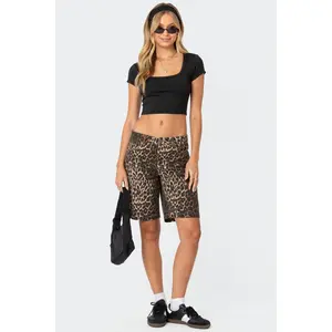 Leopard Low Rise Denim Bermuda Shorts
