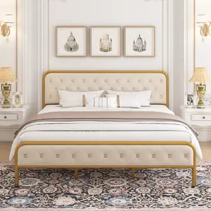 Bed Frame Queen Size, Upholstered Queen Bed Frame with Velvet Headboard, Heavy Duty Metal Foundation, Bed Frame with Wood Slat Support, No Box Spring Needed, Noise-Free, Gold/Beige Furniture Home Modern Interior Sturdy Silent
