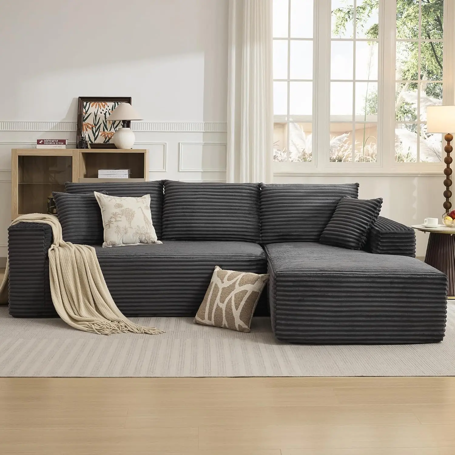 Garvee 108" Modular Cloud Sectional Sofa – Modern L-Shaped Corduroy Couch with Deep Seats, Boneless Cushions, Left or Right-Facing Chaise Options, No Assembly Needed, Comfortable for Living Room or Bedroom in Multiple Colors