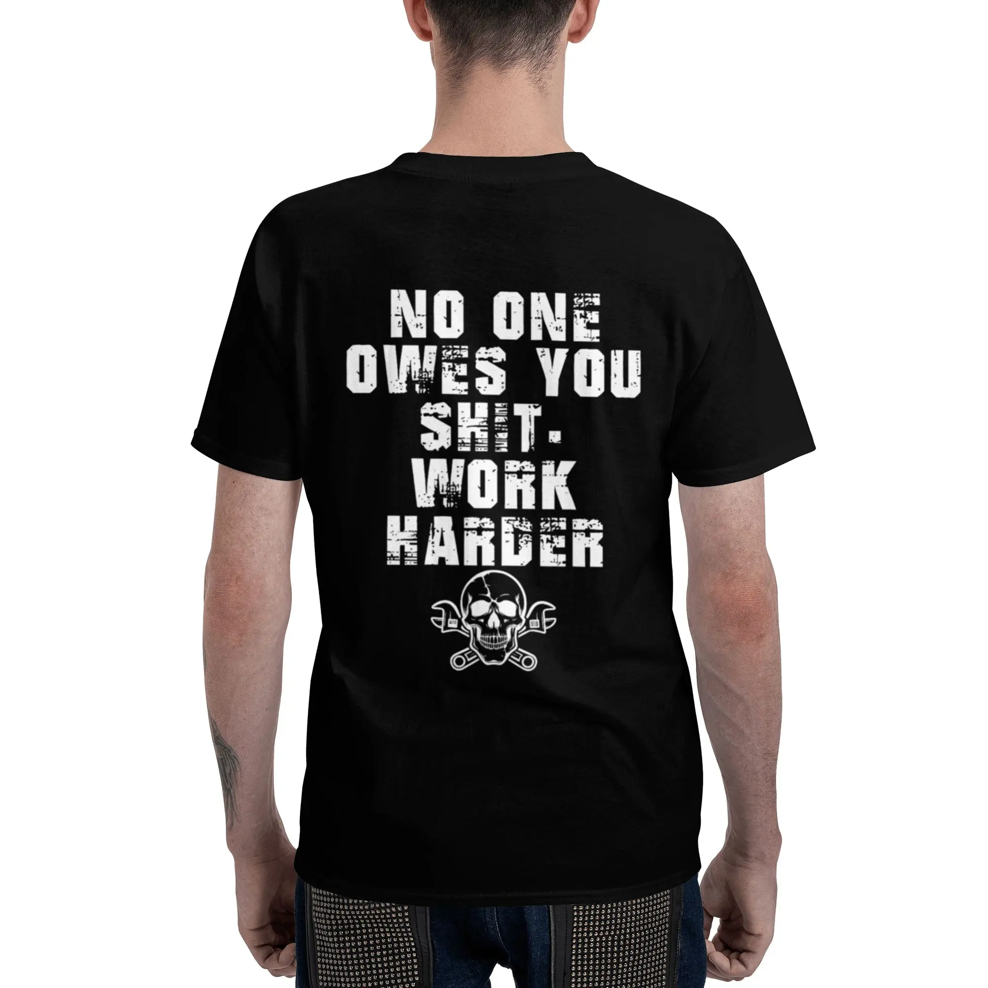 Men's Round Neck Short-Sleeve Printed T-Shirt - Casual Streetwear Top with Back-Only "No One Owes You Anything Work Harder" Slogan Print, Daily Drive T-Shirt, Shortsleeve, Tshirt, Casual Basic Tee, Menswear, Message Focus, Front Stays Plain, Minimal Front