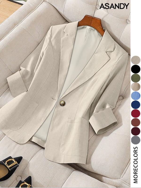 Women's Solid Color Button Front Blazer Coat, Casual Long Sleeve Outerwear for Work Office Business, Ladies Spring & Fall Woven Clothes, Fitted Womenswear