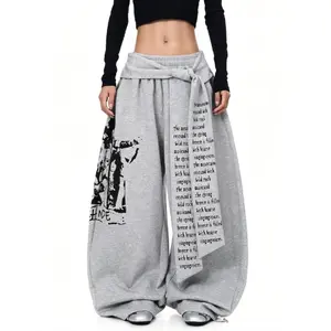 Retro American Street Letter Print Loose Straight Pants Premium Soft Fabric Lace Up Layered Design Unisex Wide Leg Sweatpants Fashion Comfortable Street Dance Daily Casual Trendy Men Women Viral TikTok 2026