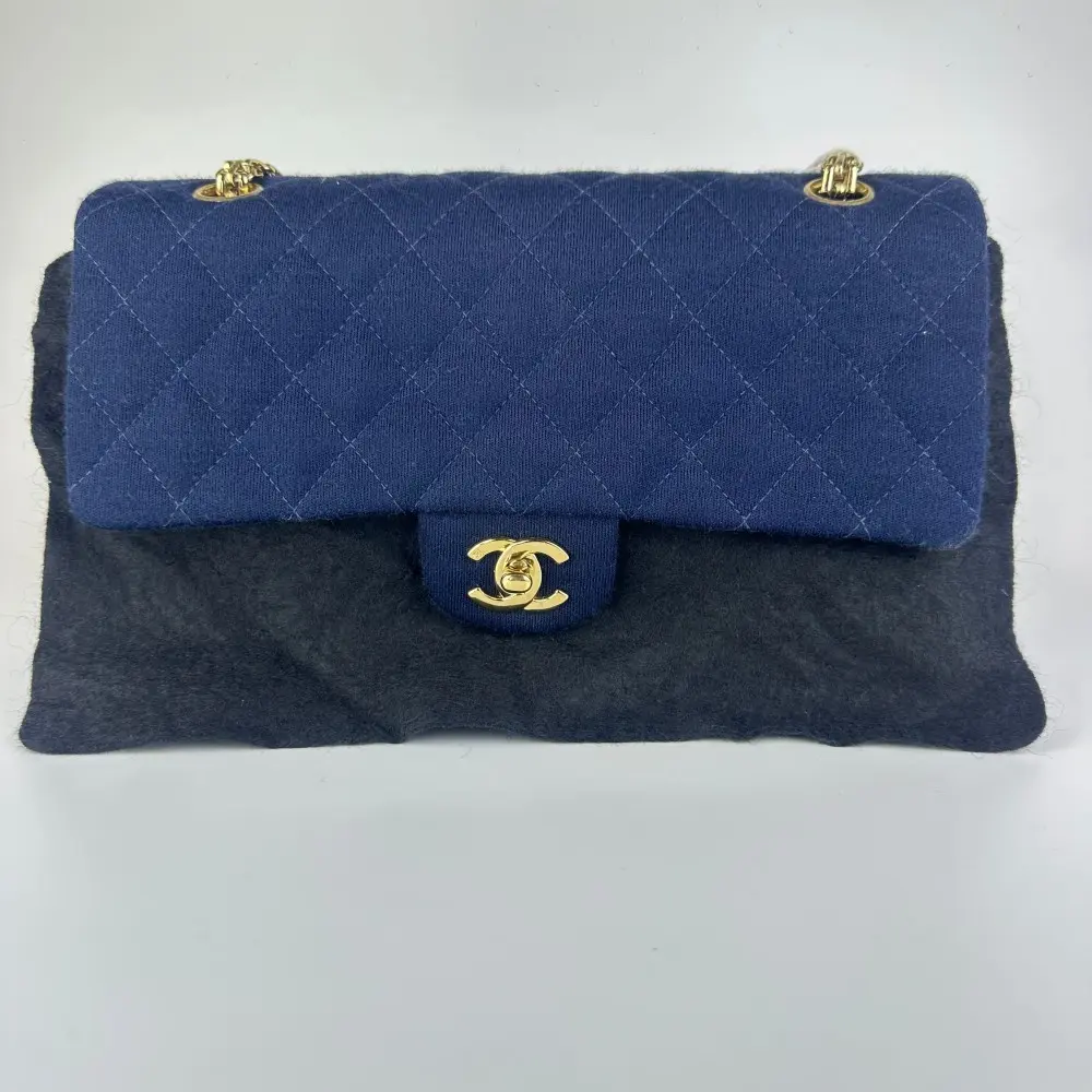 Pre-owned CHANEL Classic Flap Navy Blue Quilted Jersey Fabric Bag