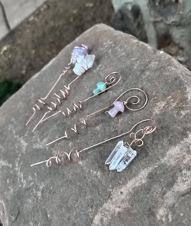 Pure Copper Electroculture plant spikes~potted plant stakes for better plant growth~whimsical wire wrapped crystal garden decor~gemstone garden spikes