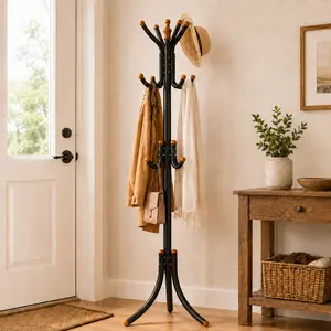 1-Piece Freestanding Metal Coat Rack, 3-Tier Multi-Hook Standing Coat Tree with Stable Triangular Base, Black & White Floor Clothes Hanger for Entryway, Bedroom, Office and Small Spaces