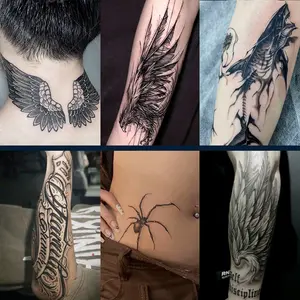 6 herbal tattoo stickers, including sailboats, feathers, shark elements and other styles, last 7-15 days, waterproof and friction-resistant, the effect is real, suitable for people who are afraid of pain and do not want to get tattoos