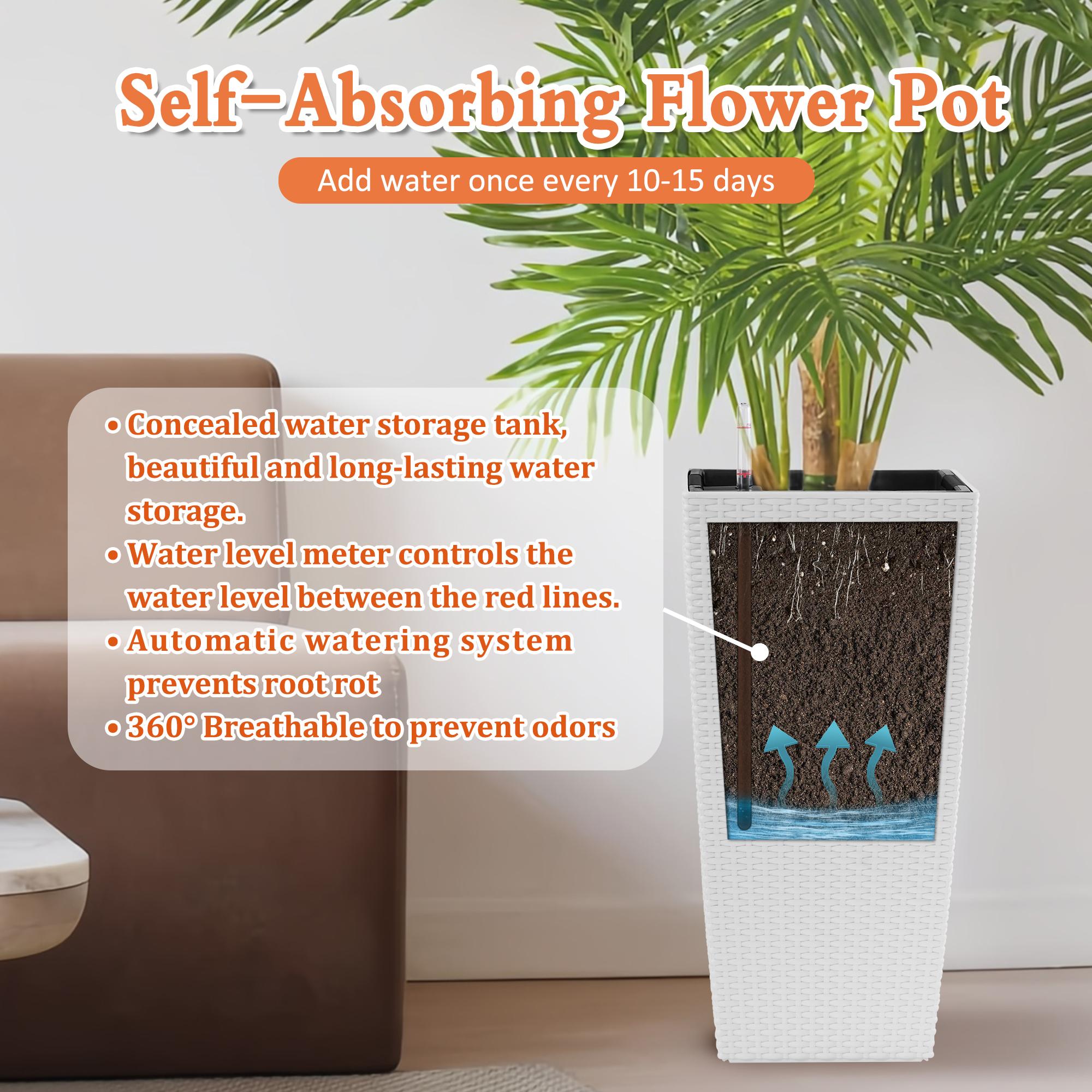 22 Inch High Pack of 2 Large Square Faux Rattan Planters, Self-Watering Flower Pots with Automatic Watering System & Drainage, Modern White Decorative Planter for Indoor Outdoor Use, Perfect for Porch, Patio, Backyard, Garden