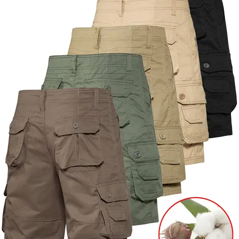 Men's 5-Piece Pure Cotton Shorts Set - Mid Waist, Above the Knee, Plain, Breathable, Wear-Resistant, Wrinkle-Resistant, Pocket System, American Vintage Cargo & Sports-Casual, for Outdoor Commuting