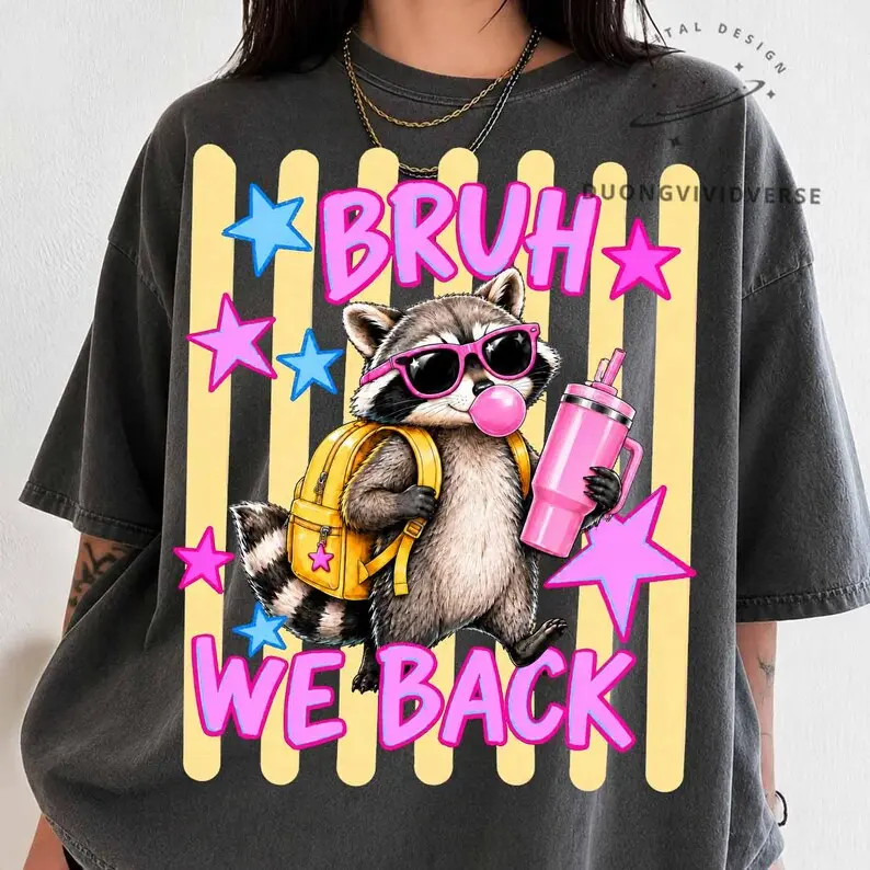 Comfort Colors Preppy Raccoon Bruh We Back Shirt, Pink Back to School Graphic Tee, Funny Teacher Student T-Shirt, Retro Classroom Apparel