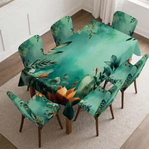 4/5/6/7pcs Tropical Leaf Arrangement Chair Cover And Tablecloth Set, Chair Covers Set, Universal Chair Cover, Easy Wash & Care, Fits Dining Room, Outdoor Dining, Picnics, Kitchen, Home Decor, Stylish Decor & Gift
