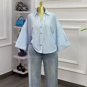 Autumn and winter clothing 2025 new Fall Half Sleeve Single Breasted Blouse and Shirt V neck Pockets Street Casual Loose Tops Shirts