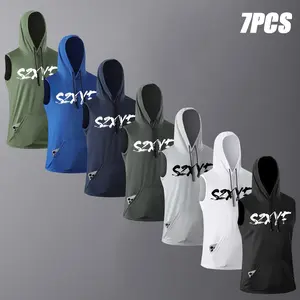 7pcs Men'S Sleeveless Hooded Vest,  Kangaroo Pocket, Quick-Dry Fashion Hoodie, Summer Outdoor Fitness Sports Top, with Drawstring Hood, Quick-Dry Breathable Summer Fashion Sleeveless T-Shirt, Suitable for Summer Outdoor, Training, Gym, Yoga