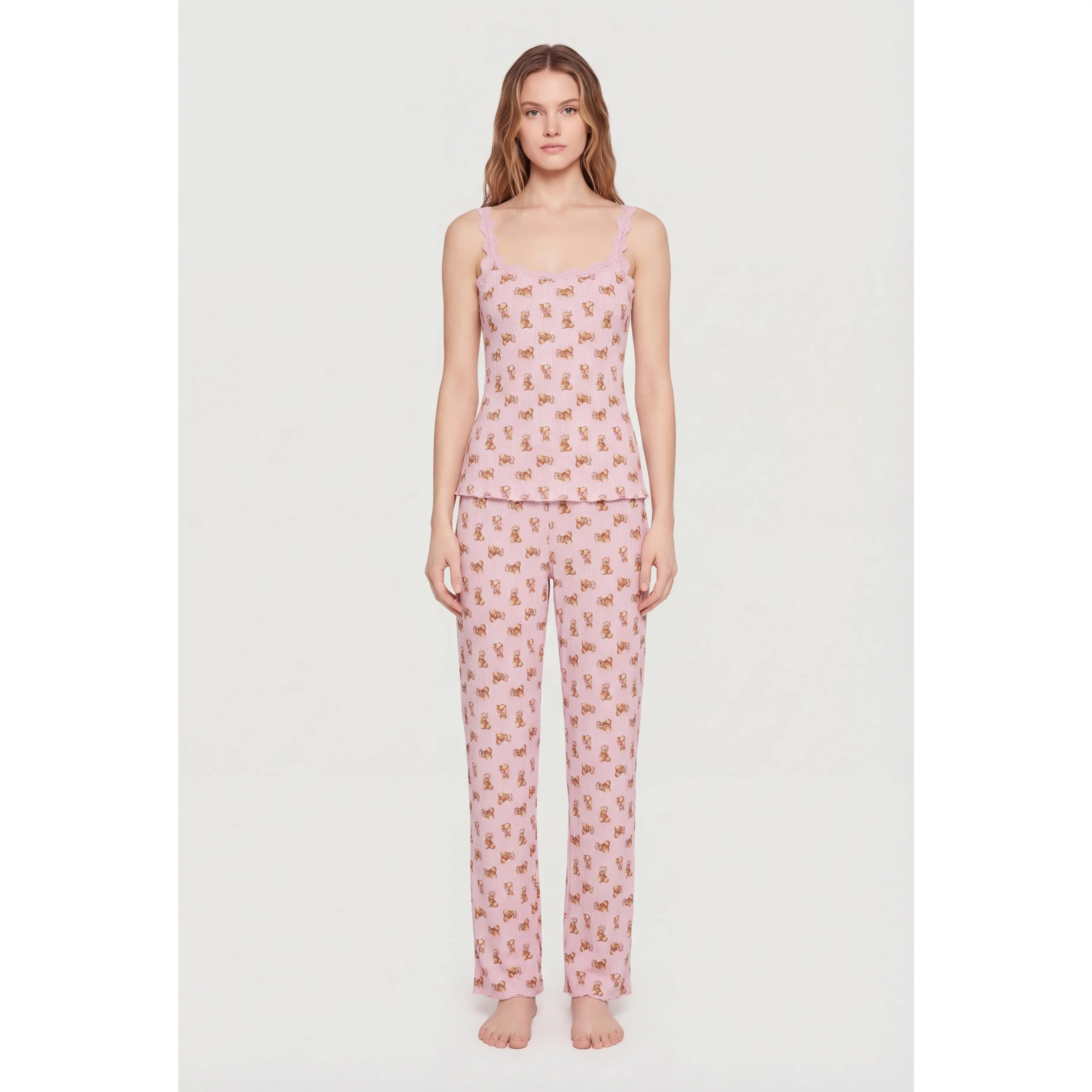 Ribbed Knit Teddy Bear Print Pajama Cami and Pants