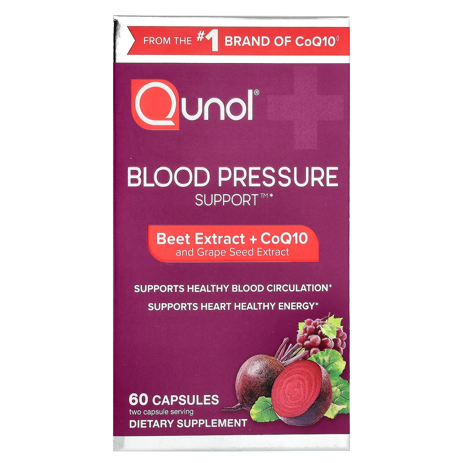 Qunol Blood Pressure Support, Beets Extract + CoQ10 and Grape Seed Extract, 60 Capsules