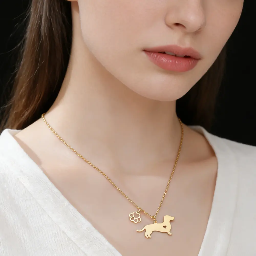 Cazador Stainless Steel Dachshund Dog Paw Footprint Pendant Necklaces for Women Girls Gold Color Pet Sausage Dog Jewelry Gift