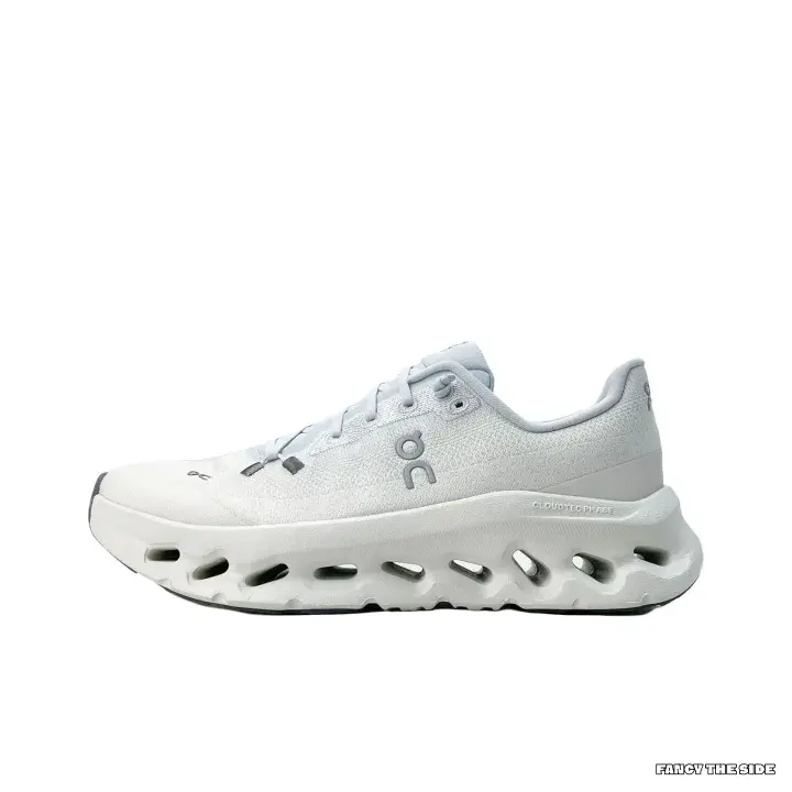 Low Top Running Sneakers | Solid White Breathable Knit Mesh Upper with Gray Embossed Letter Logo | Wave-shaped Hollow Thick Cushion Midsole for Daily Jogging